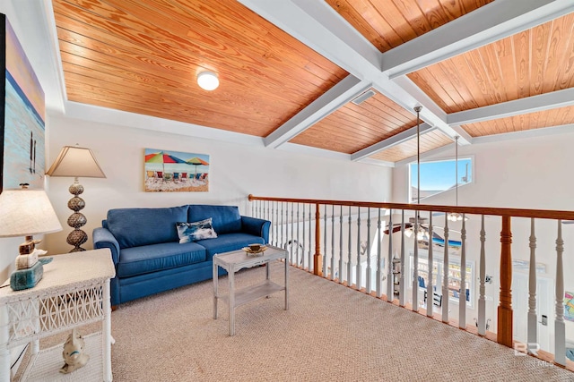 living room featuring lofted ceiling with beams, carpet, and wooden ceiling