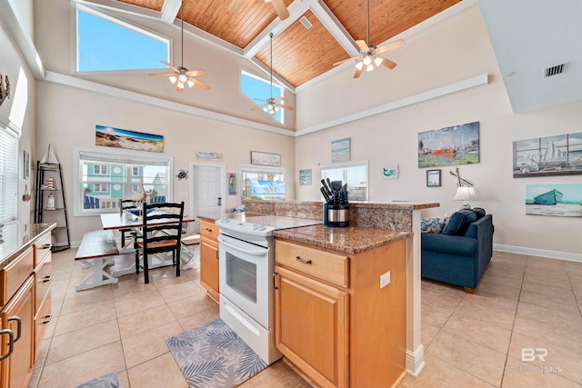 kitchen featuring white range with electric cooktop, visible vents, open floor plan, a healthy amount of sunlight, and wooden ceiling