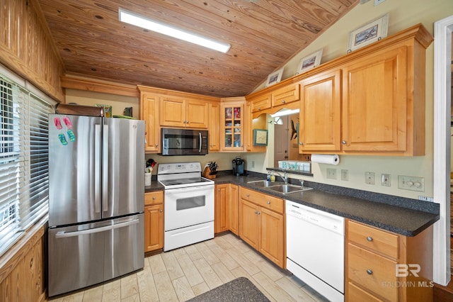 kitchen featuring light wood-type flooring, wood ceiling, vaulted ceiling, sink, and white appliances