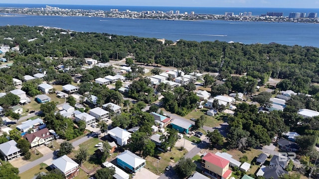 drone / aerial view with a water view