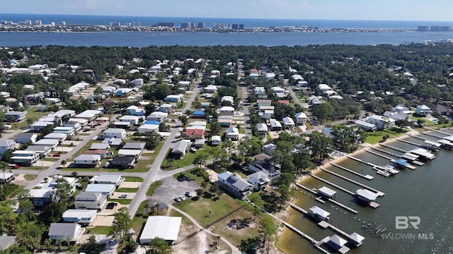 drone / aerial view with a water view