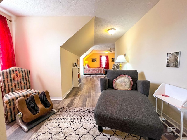 living area featuring lofted ceiling, wood-type flooring, and a textured ceiling