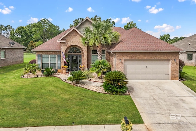 view of front of property featuring a front yard and a garage