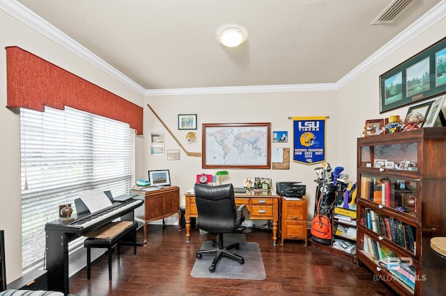 office space featuring dark hardwood / wood-style floors and crown molding