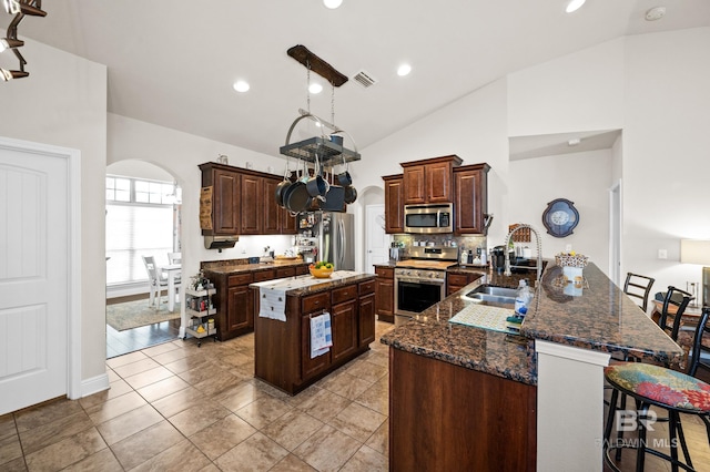 kitchen featuring sink, stainless steel appliances, a kitchen breakfast bar, lofted ceiling, and a center island with sink