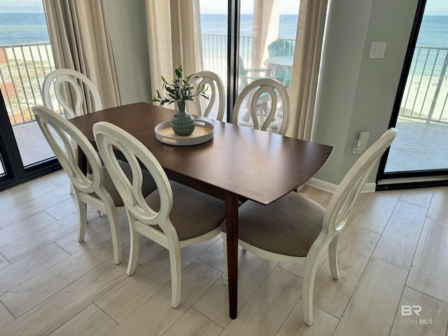 dining room featuring a water view and a wealth of natural light