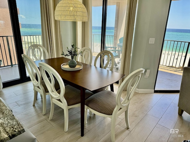 dining area featuring a water view and a wealth of natural light