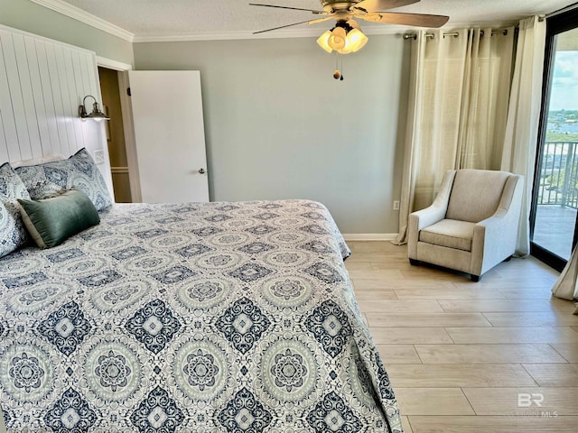 bedroom featuring light wood-type flooring, ornamental molding, access to outside, ceiling fan, and a textured ceiling