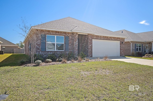 ranch-style house featuring an attached garage, brick siding, concrete driveway, roof with shingles, and a front lawn