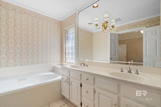 bathroom with crown molding, wallpapered walls, a sink, a bath, and tile patterned floors