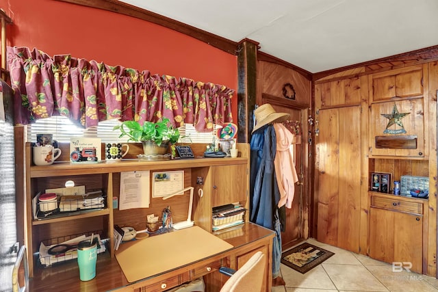 tiled office with wooden walls