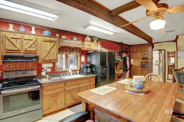 kitchen featuring stainless steel electric stove, beamed ceiling, sink, ceiling fan, and black fridge with ice dispenser