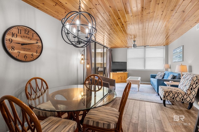 dining space featuring a chandelier, hardwood / wood-style floors, wood ceiling, and vaulted ceiling