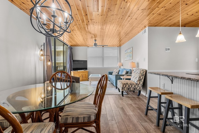 dining room featuring a chandelier, light wood-type flooring, a healthy amount of sunlight, and wood ceiling