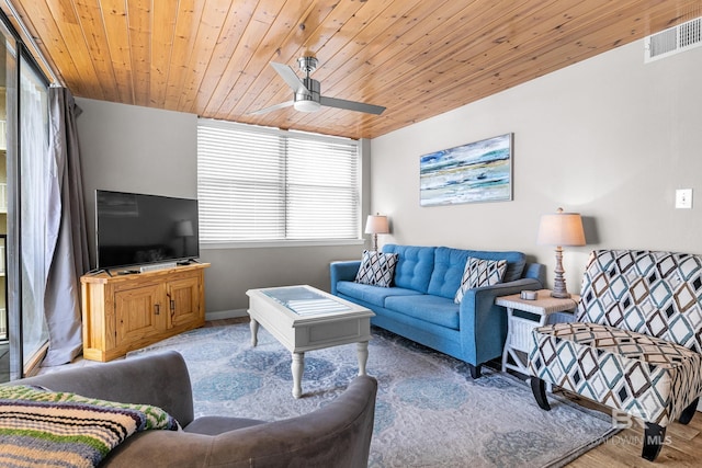 511 E Beach Blvd Unit 203, Gulf Shores, AL 36542 - living room featuring wood finished floors, visible vents, a ceiling fan, baseboards, and wood ceiling