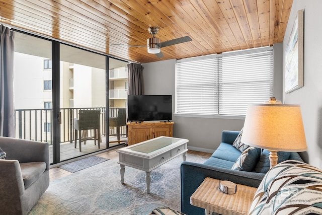 511 E Beach Blvd Unit 203, Gulf Shores, AL 36542 - living room featuring ceiling fan, wooden ceiling, wood finished floors, and baseboards