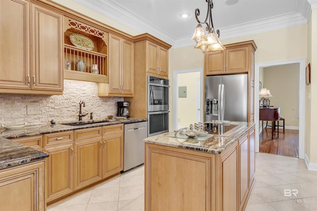 613 Wedgewood Dr, Gulf Shores, AL 36542 - kitchen featuring appliances with stainless steel finishes, a sink, dark stone countertops, backsplash, and light tile patterned floors