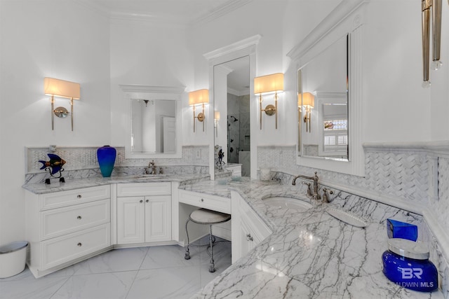 613 Wedgewood Dr, Gulf Shores, AL 36542 - bathroom featuring a shower stall, vanity, crown molding, marble look tiles, and a wainscoted wall