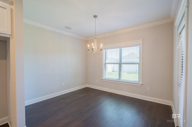 unfurnished dining area featuring crown molding, dark wood-type flooring, and a chandelier