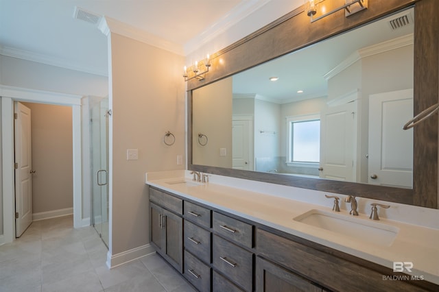 bathroom featuring crown molding, tile patterned flooring, vanity, and walk in shower