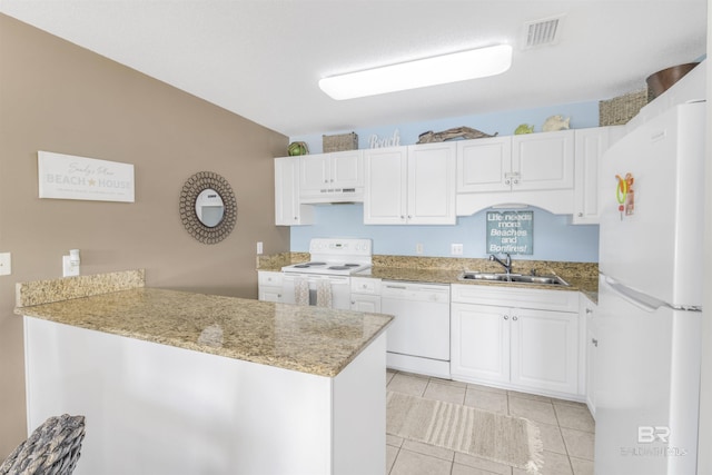 kitchen featuring under cabinet range hood, a peninsula, white appliances, a sink, and white cabinets