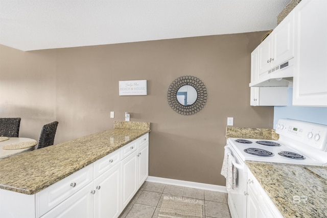 kitchen with under cabinet range hood, a peninsula, electric range, white cabinetry, and baseboards