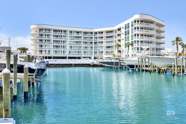 exterior space with a dock and boat lift