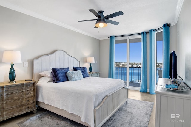 bedroom with access to exterior, a ceiling fan, ornamental molding, and light tile patterned floors