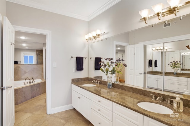 full bath with double vanity, ornamental molding, a sink, and visible vents