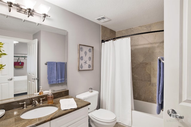 bathroom with visible vents, shower / bathtub combination with curtain, toilet, vanity, and a textured ceiling