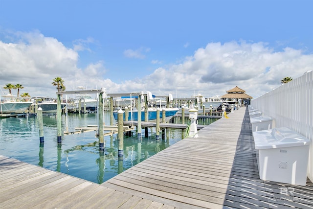 view of dock with a water view and boat lift