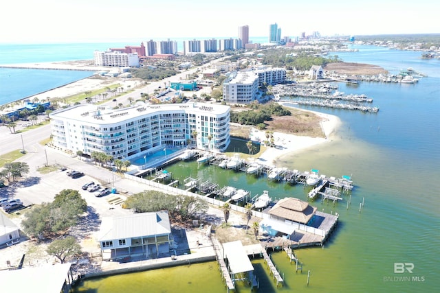 bird's eye view with a view of city and a water view