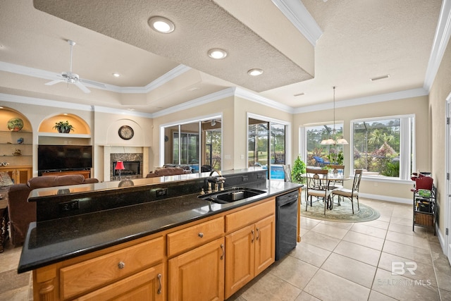 270 Cypress Lake Dr, Gulf Shores, AL 36542 - kitchen with dishwasher, a textured ceiling, a fireplace, crown molding, and light tile patterned floors