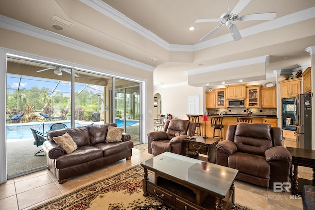 270 Cypress Lake Dr, Gulf Shores, AL 36542 - living area with a ceiling fan, light tile patterned flooring, crown molding, recessed lighting, and a sunroom