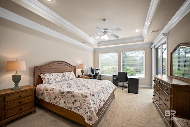 270 Cypress Lake Dr, Gulf Shores, AL 36542 - bedroom with an office area, light colored carpet, a raised ceiling, ornamental molding, and ceiling fan