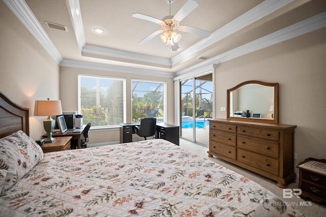 270 Cypress Lake Dr, Gulf Shores, AL 36542 - carpeted bedroom with access to exterior, an office area, a raised ceiling, crown molding, and a ceiling fan