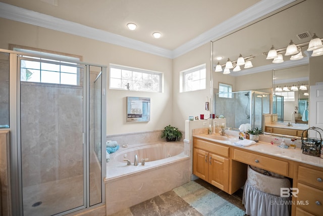 270 Cypress Lake Dr, Gulf Shores, AL 36542 - bathroom with a bath, a shower stall, vanity, and crown molding