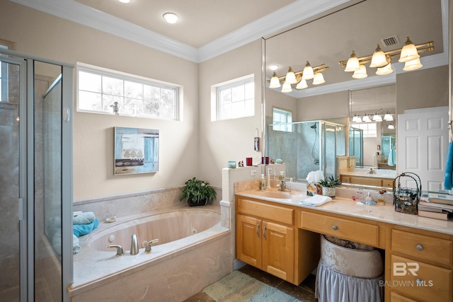 270 Cypress Lake Dr, Gulf Shores, AL 36542 - bathroom with a garden tub, a shower stall, vanity, and crown molding