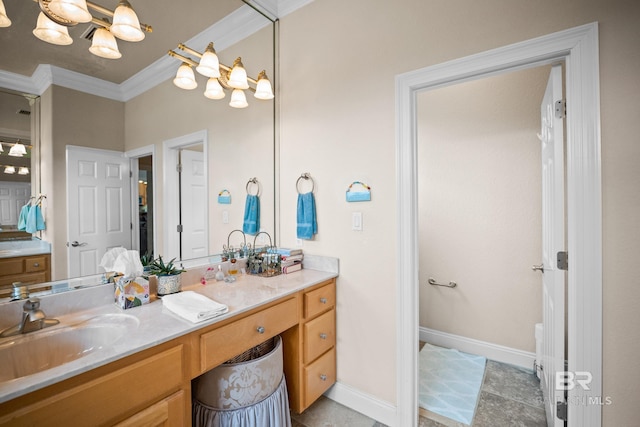270 Cypress Lake Dr, Gulf Shores, AL 36542 - bathroom with a chandelier, ornamental molding, and vanity