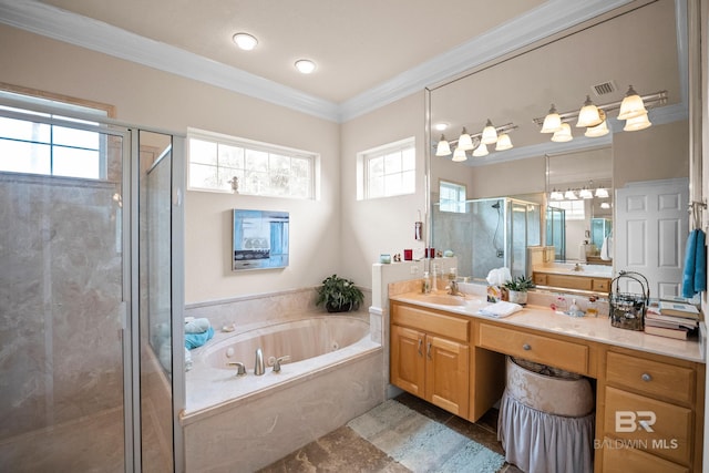 270 Cypress Lake Dr, Gulf Shores, AL 36542 - full bathroom featuring a garden tub, ornamental molding, a shower stall, and vanity