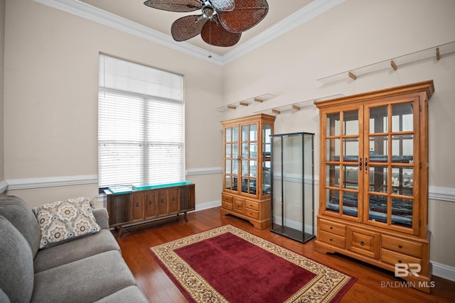 270 Cypress Lake Dr, Gulf Shores, AL 36542 - office area featuring crown molding, a ceiling fan, and wood finished floors
