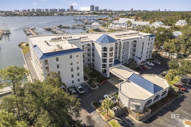 birds eye view of property featuring a water view