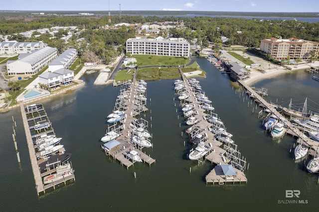 birds eye view of property featuring a water view