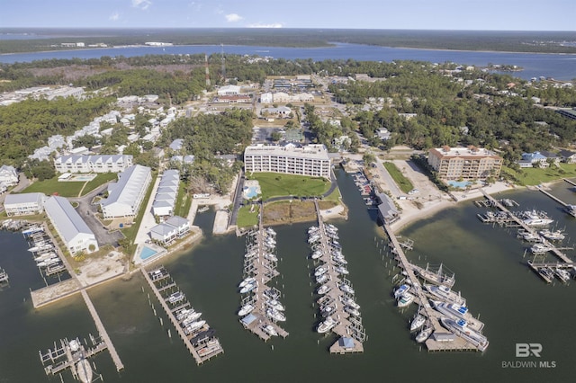 drone / aerial view with a water view