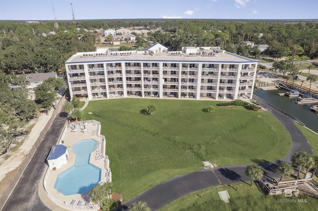 drone / aerial view with a water view