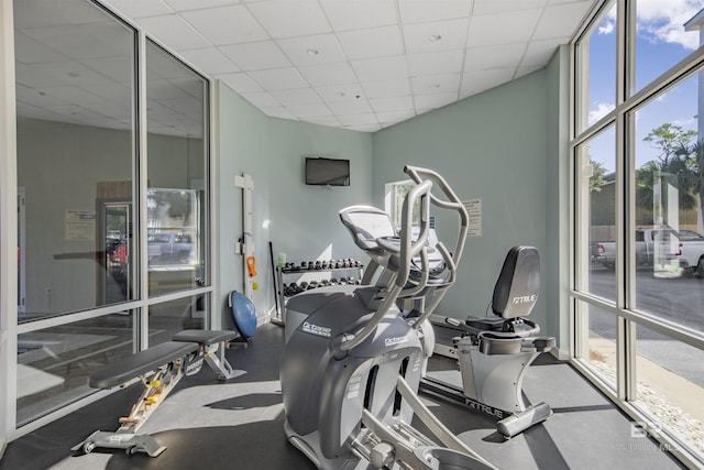 exercise room featuring a drop ceiling and expansive windows