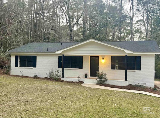 single story home with crawl space, brick siding, covered porch, and a front lawn