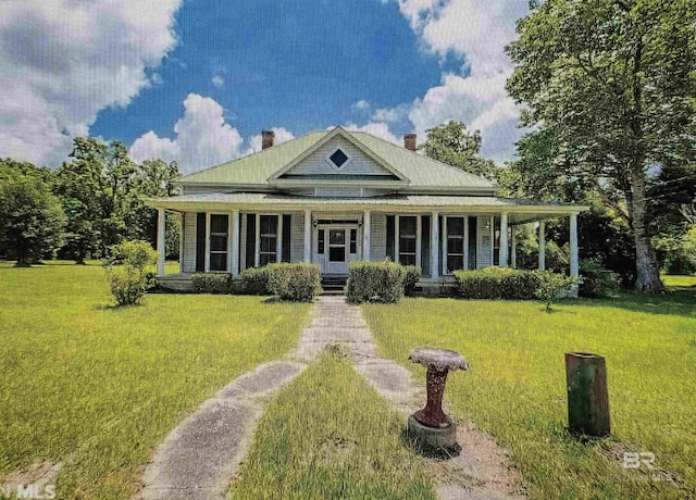 country-style home featuring covered porch and a front yard