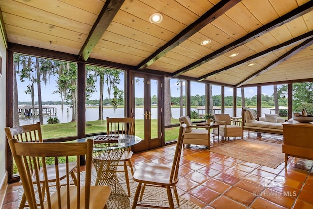 sunroom / solarium with wood ceiling, a water view, and vaulted ceiling with beams