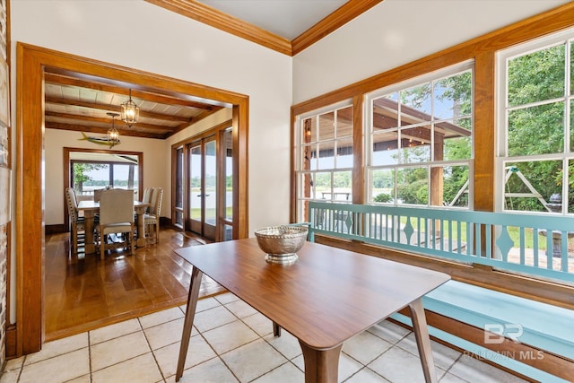 tiled dining space with ornamental molding